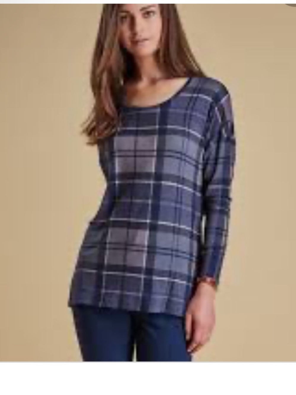 Barbour Straiton Tartan Jersey Navy and Gray Plaid Long Sleeve Top